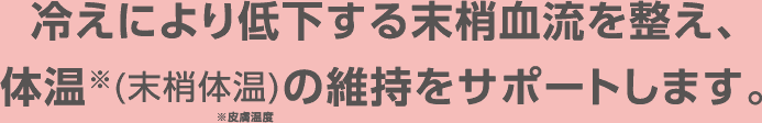 冷えにより低下する末梢血流を整え、体温※(末梢体温)の維持をサポートします。※皮膚温度