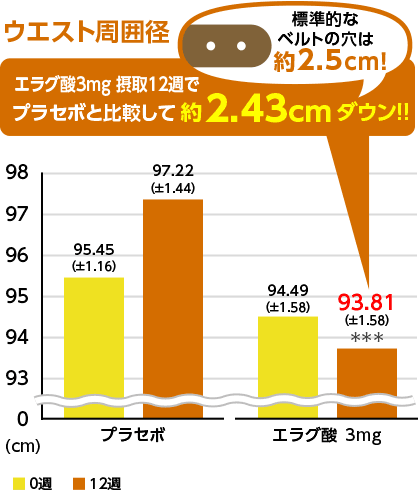 ウエスト周囲径 エラグ酸3mg摂取12週でプラセボと比較して約2.43cmダウン！！