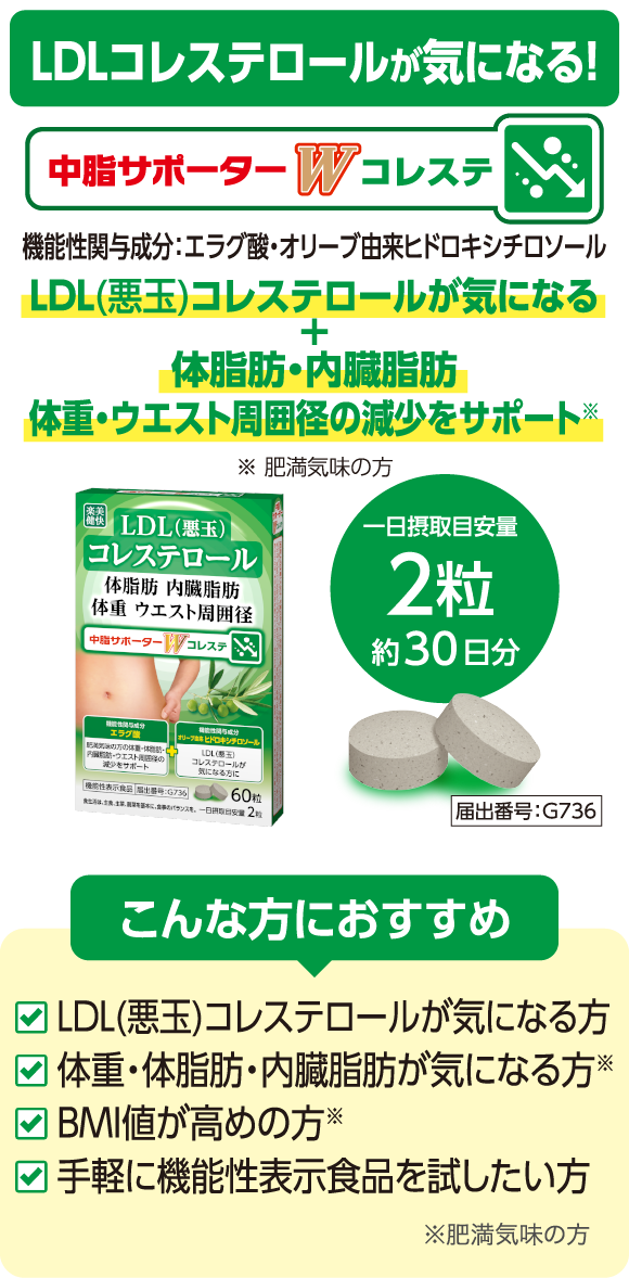 LDLコレステロールが気になる！「中脂サポーターWコレステ」機能性関与成分：エラグ酸・オリーブ由来ヒドロキシチロソール LDL(悪玉)コレステロールが気になる＋体脂肪・内臓脂肪・体重・ウエスト周囲径の減少をサポート（肥満気味の方）