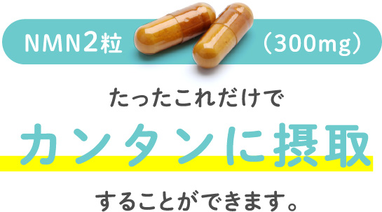 NMN2粒（300mg）たったこれだけでカンタンに摂取することができます。